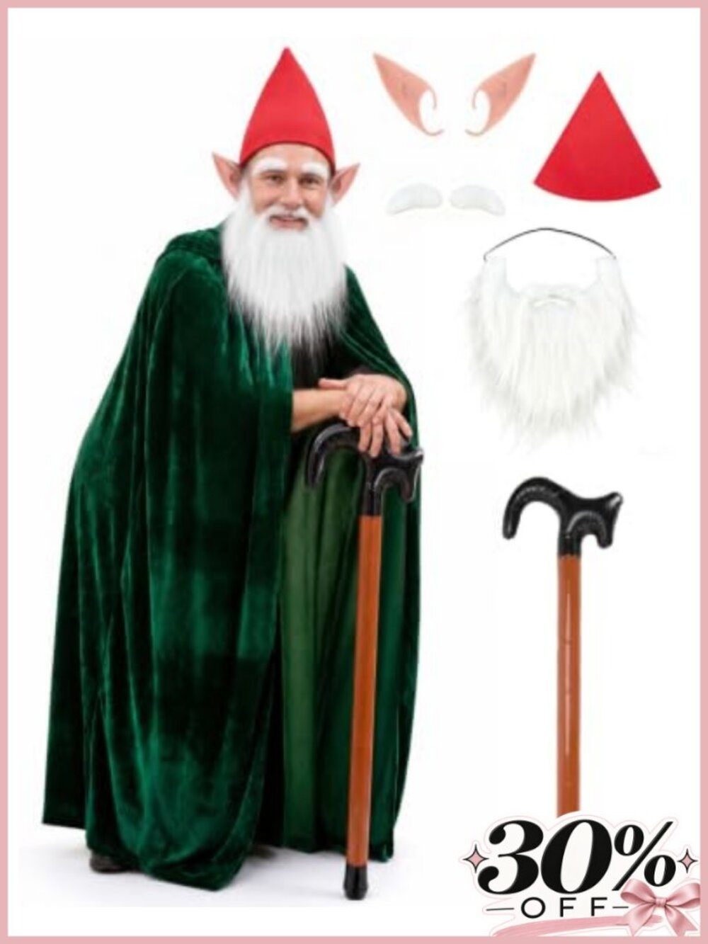 Men's Gnome Dwarf Costume Set Cloak Beard Inflatable Cane Halloween